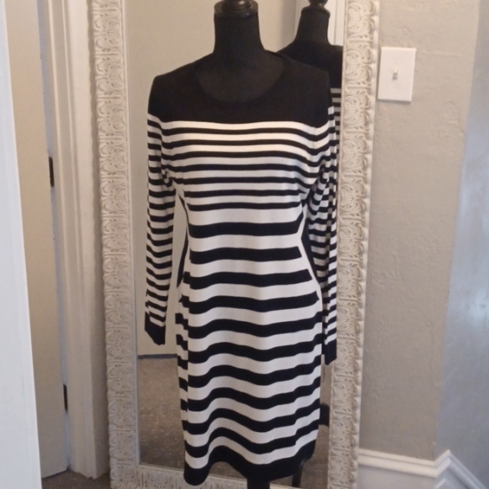 Calvin Klein Long Sleeve Black & Ivory Sweater Dress